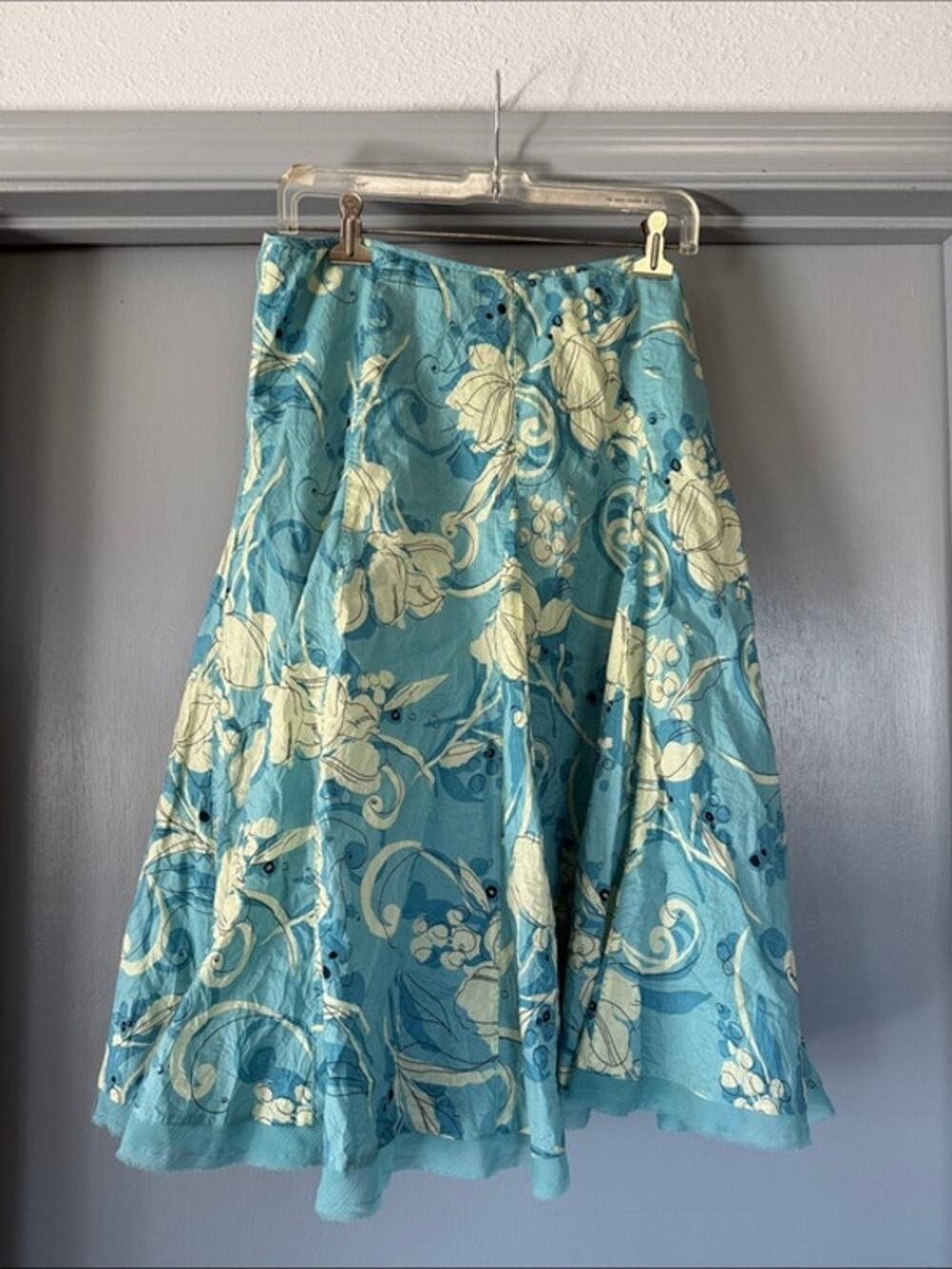 Apt. 9 Blue Floral 100% Cotton Flare Midi Skirt Side Zip sz 10 Raw Edge Hem
